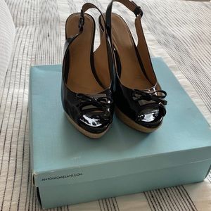 Antonio Melani patent leather peep toe black cork wedges